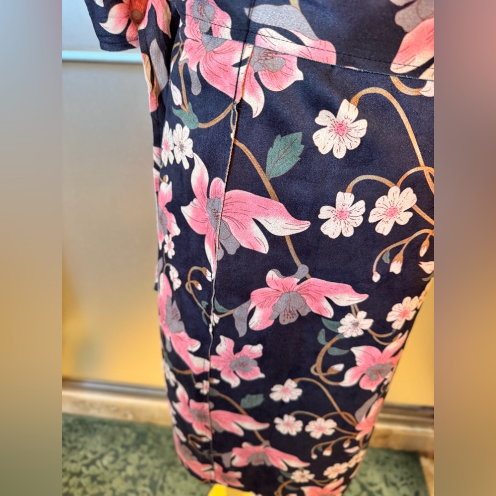 KATE & MALLORY Faux Suede Sleeveless Floral Midi Wrap Dress Pink Dark Navy Blue - Picture 11 of 16